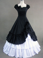 Vintage Costume victorien coton noir volant rétro robe Maxi femmes Halloween