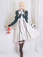Violet Evergarden - Costume de Cosplay uniforme bleu marine foncé Coiffure&Gants&Manteaux&Robe sans manches&avec cravate Déguisements Halloween