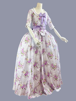 Violet rétro Costumes arcs Polyester imprimé fleuri robe femmes rétro Marie Antoinette Costume tunique fête robe de bal