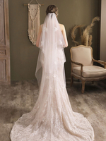 Voile de mariage ivoire à deux niveaux dentelle dentelle tulle bord coupé goutte longs voiles de mariée