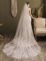 Voile de mariage ivoire à un niveau dentelle tulle dentelle bord applique cascade long voile de mariée