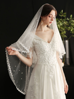 Voile de mariage Perles à un niveau Tulle Dentelle Applique Edge Voiles de mariée classiques