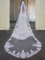 Voile de mariage un niveau dentelle tulle dentelle appliques bord cascade voiles de mariée