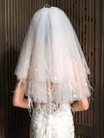 Voiles de mariage deux niveaux perles tulle coupe bord voile de mariée classique