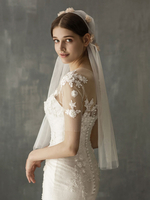 Voiles de mariée blanche maille un niveau fleurs coupé bord goutte voile de mariée