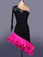 Volants de danse latine robe Organza une épaule manches longues strass deux ton Costume de danse latine Bodycon Déguisements Halloween