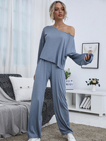 Vêtement à Domicile Ensembles Deux Pièces Femmes T-shirt avec Manches Longues avec Epaules Dénudées Pantalons Longs Décontractés Unicolore