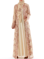 Vêtements Arabes Robes Femmes Traditionnelles Longues Imprimés en Mousselines Cousu en Paillettes avec Manches Longues Bas Evasée