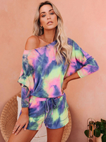 Vêtements dintérieur pour femmes 2 pièces colorées à manches longues col bijou en fibres de coton tie dye intérieur