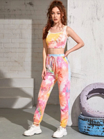 Vêtements dintérieur pour femmes 2 pièces rose sans manches col bijou Polyester coton Tie Dye Home Wear