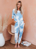 Vêtements de détente pour femmes 2 pièces bleu ciel à manches longues col bijou Polyester coton tenue dimpression 3D tenue de maison