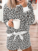 Vêtements de détente pour femmes 2 pièces imprimé léopard blanc à manches longues col bijou en coton tenue de maison