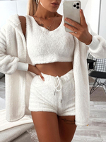 Vêtements de détente pour femmes Veste cardigan 3 pièces de couleur unie Costume en peluche Soutien-gorge non rembourré en polyester
