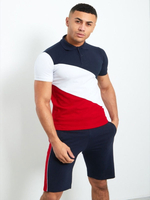 Vêtements de sport pour hommes 2 pièces bloc de couleurs manches courtes col rabattu bleu profond