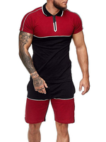 Vêtements de sport pour hommes 2 pièces bloc de couleurs manches courtes col rabattu rouge