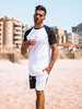 Vêtements de sport pour hommes 2 pièces color block manches courtes col bijou blanc