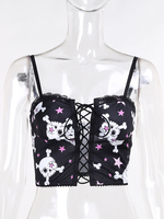 Vêtements gothiques noir à lacets plissés filets imprimés motif polyester camisoles