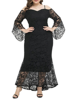 Vêtements grande taille pour les femmes en dentelle noire bretelles spaghetti manches 3/4 robe dété