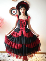 Vêtements idole Lolita JSK Robe Bordeaux Volants Motif Floral Imprimé Polyester Lacets Lolita Jumper Jupes