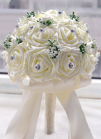 White Wedding Bouquet fleurs strass perles rubans rond forme Bouquet de mariée
